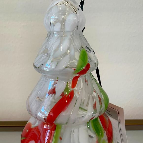 Art Glass CHRISTMAS TREE 10in Red Green White Marble Handmade in Poland NEW - Picture 3 of 14